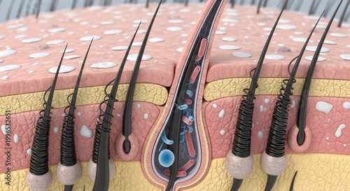 Close-up 3d render of human hair follicle and skin structure, detailed medical illustration, educational concept