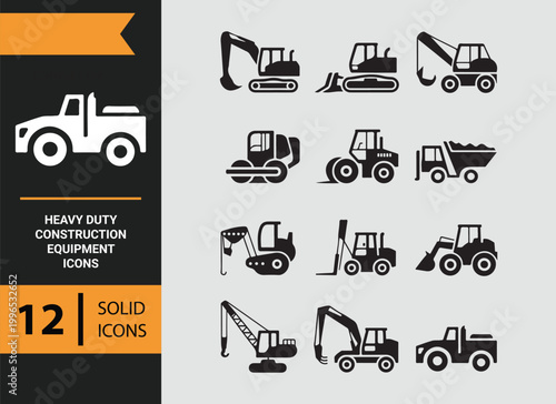 Heavy Duty Construction Equipment Simplified Tools Icon Set