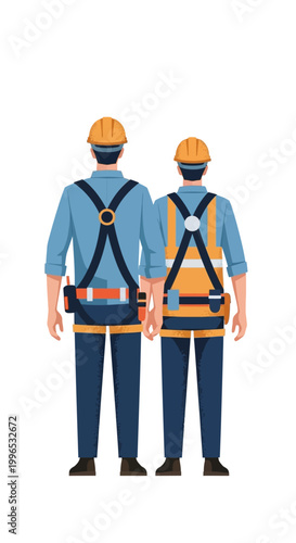 Construction workers in safety harnesses and hard hats stand back to back, symbolizing teamwork and professional safety standards in the building industry