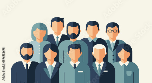 A diverse group of business professionals depicted in a modern flat design illustration, representing teamwork and corporate community