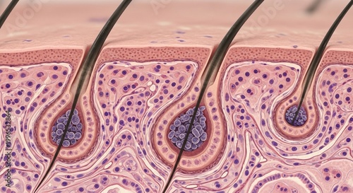 Close-up vector art of human hair follicles and skin cells, detailed medical illustration