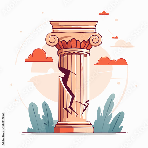 Cracked Ancient Column with Stylized Clouds and Foliage