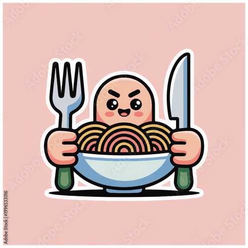 Cute Cartoon Character Eating Noodles With Fork and Knife.