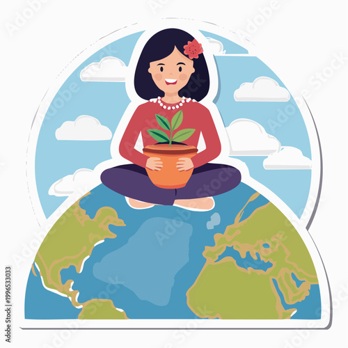 Woman holding plant on Earth, symbolizing environmental care