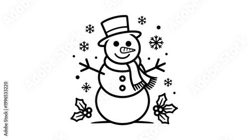 Cute hand-drawn snowman with winter accessories and falling snowflakes Vector