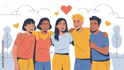 Happy diverse group of friends smiling together with heart symbol Vector