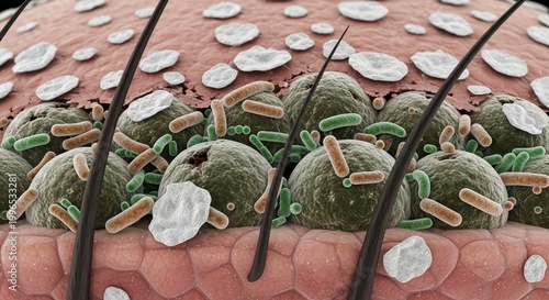 Close-up 3d render of human skin with hair follicles, sebaceous glands, and sweat glands, detailed medical illustration