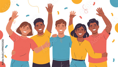 Diverse group of happy people celebrating with colorful balloons Vector