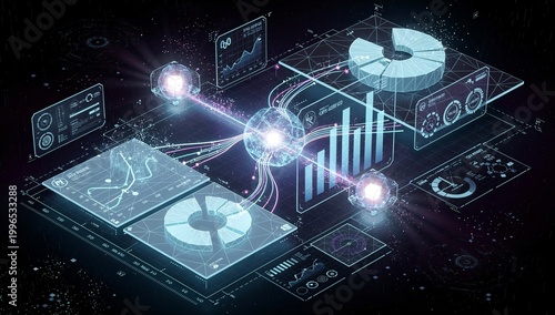 Futuristic digital data visualization, displaying holographic charts, graphs, and network nodes, on dark background