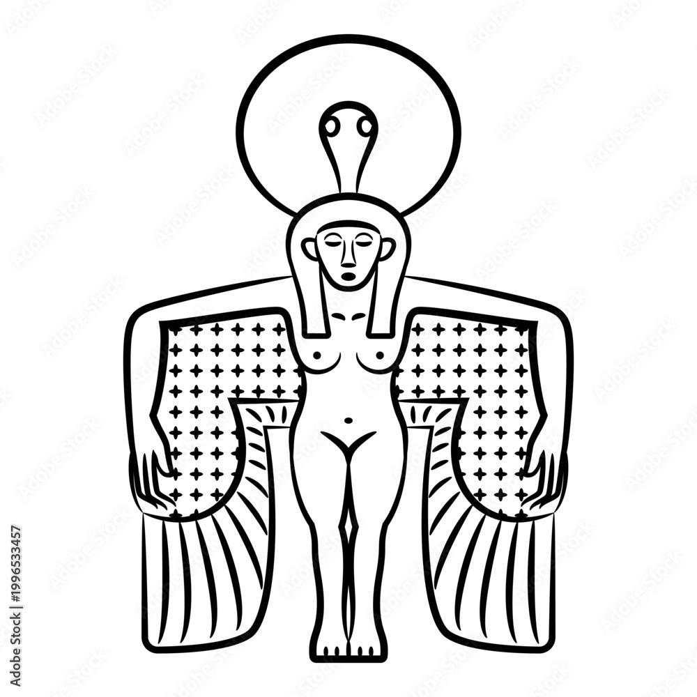 Fototapeta premium Winged ancient Egyptian goddess. Black and white linear silhouette.