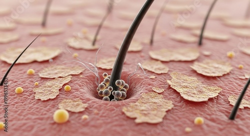 Close-up of hair follicle with dandruff and scalp skin flakes, detailed 3d render, medical illustration of scalp condition