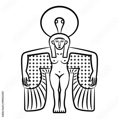 Winged ancient Egyptian goddess. Black and white linear silhouette.