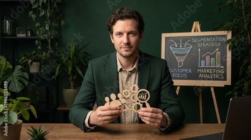 Businessman Presenting Growth Strategy With Wooden Figures.