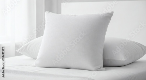 Blank White Linen Square Throw Pillow on White Bed – Soft Window Light 8K