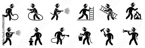 Stickman firefighter icon set showing emergency response actions like extinguishing fires, carrying victims, and using hoses in bold black silhouette style