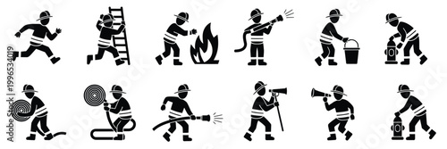 Stickman firefighter icon set showing emergency response actions like extinguishing fires, carrying victims, and using hoses in bold black silhouette style, vector illustration