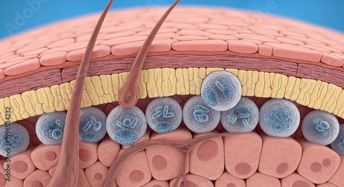 3d render of hair follicles and skin cells, medical illustration, close-up view of human hair growth process