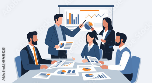 Business meeting with charts and graphs illustration, team collaborating on strategy and financial data analysis for company growth and success