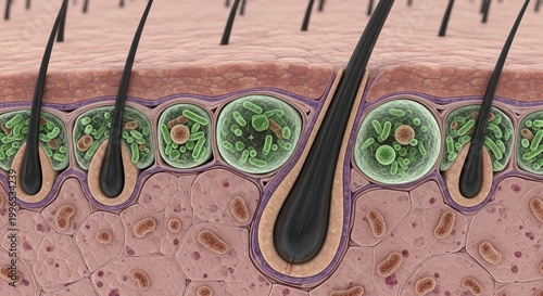 3d render of hair follicles and sebaceous glands, medical illustration, close-up view of human skin structure