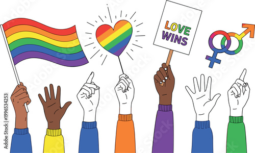 Pride and Equality Vector Set Featuring Hands Holding Rainbow Flags, Love Wins Signs, LGBTQ+ Symbols, and Pride Icons for LGBTQ+ Rights, Social Justice, and Celebration Designs