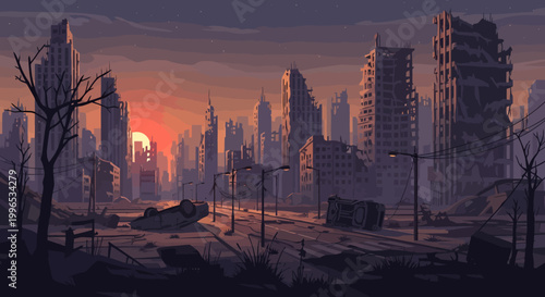 Post apocalyptic cityscape at sunset with ruined buildings