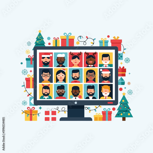 Diverse people connect remotely for a festive virtual Christmas celebration, enjoying holiday cheer and goodwill online with video calls surrounded by seasonal decorations