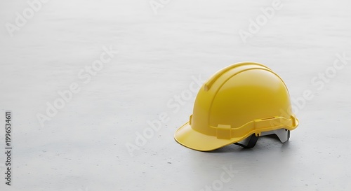 Yellow safety hard hat on gray concrete floor with copy space