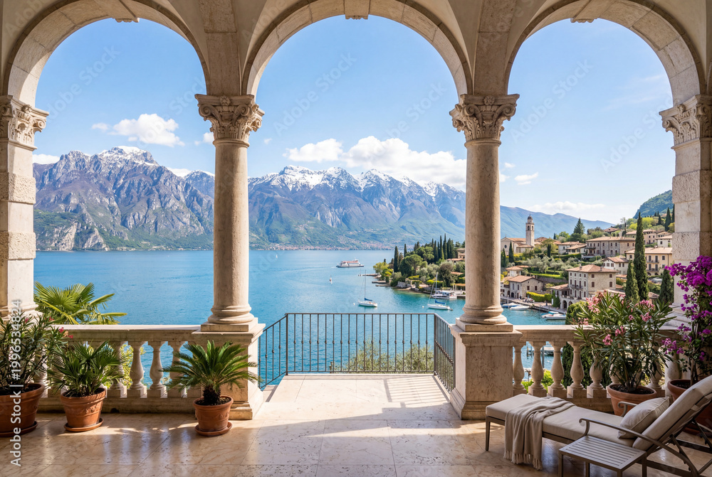 Fototapeta premium Classic stone archway terrace overlooking a tranquil blue lake and snow capped mountains beyond