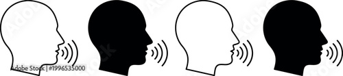 Four human head profile icons emitting sound waves two black two white