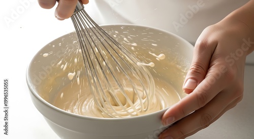 Person Whisking Smooth Batter in a White Bowl with Splashes