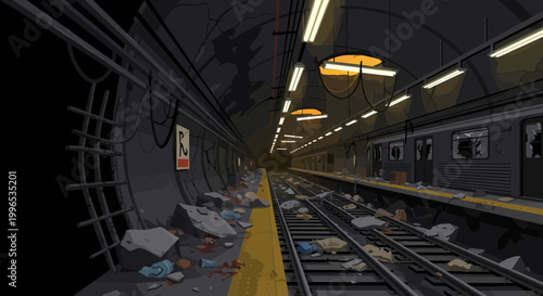 Abandoned subway station with debris and a train on the tracks