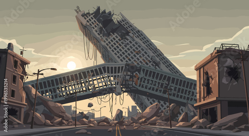 Collapsing skyscraper after a devastating natural disaster