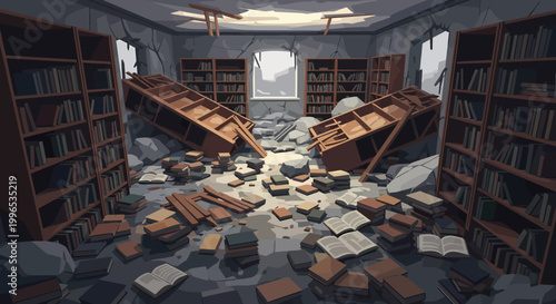 Destroyed library interior with scattered books and collapsed shelves