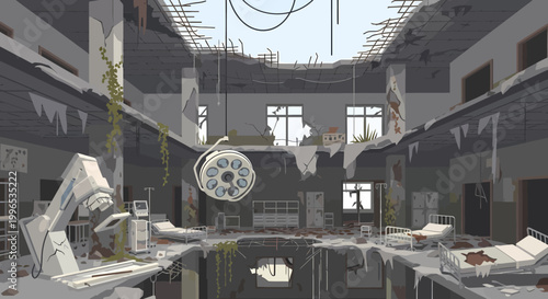 Abandoned hospital operating room with broken surgical light and debris