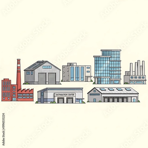 Illustration of several different building types factories, warehouses, and offices on a neutral background