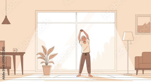 Senior Man Engaging in a Gentle Side Bend Stretch, Promoting a Healthy and Active Lifestyle within the Comfort of a Modern Home Environment