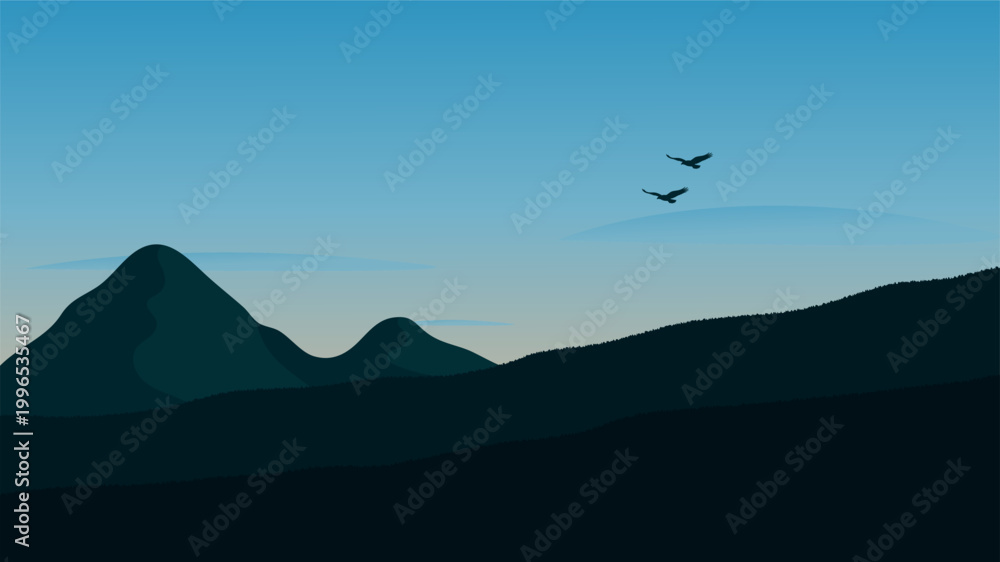 Naklejka premium Tranquil nature landscape with layered hills, mountain and two flying birds