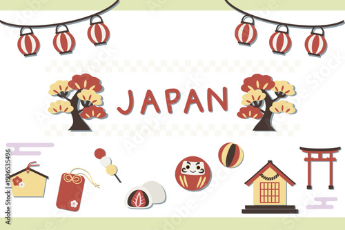 レトロポップな和の縁起物イラスト素材セット（神社参拝と和菓子のイラスト詰め合わせ）