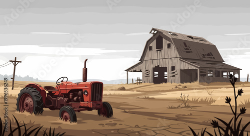 Vintage red tractor parked in a rural field