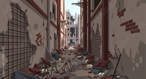 A narrow, dilapidated alleyway filled with an abundance of trash and debris, depicting urban decay and neglect.