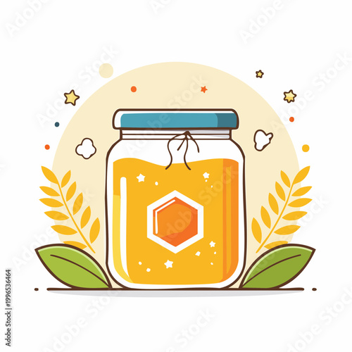 Jar of Honey with Honeycomb Symbol and Decorative Elements