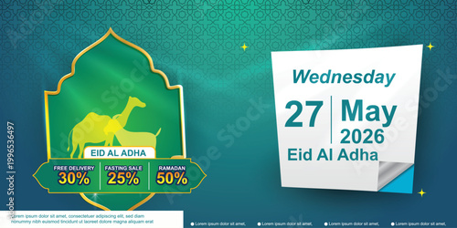 Eid al-Adha Celebration Banner Silhouette of camel, goat on top of mosque dome element perfect for Eid al-Fitr Banner, Banner and website. Sale of sacrificial animals and holiday information