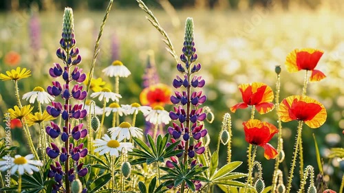 Field of wildflowers including purple lupine, red poppies, and white daisies bathed in warm golden hour sunlight, idyllic summer meadow