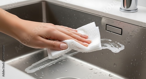 Woman's hand cleaning a stainless steel kitchen sink with a white paper towel