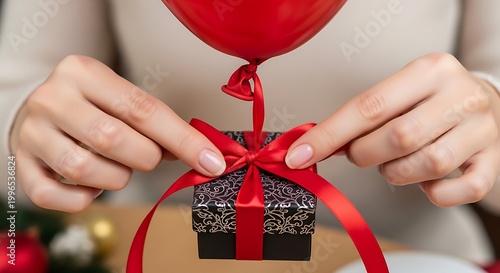 Woman Hands Tying Red Ribbon on Small Gift Box with Balloon