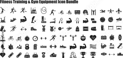 An essential bundle of fitness training and gym equipment icons for health and wellness applications