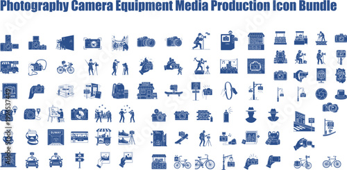 An extensive icon bundle showcasing photography camera equipment and media production tools for creative projects