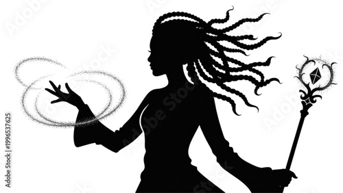 Witch silhouette holding broom and casting magic spell with glowing orb Vector