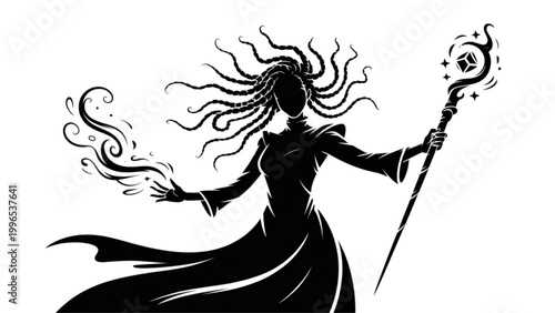 Mysterious dark fantasy woman with glowing hair and staff Vector