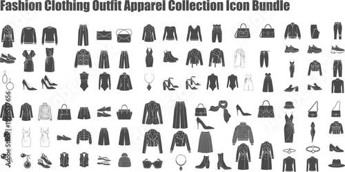 Extensive collection of fashion clothing apparel icons showcasing various outfits and wardrobe essentials for style guides